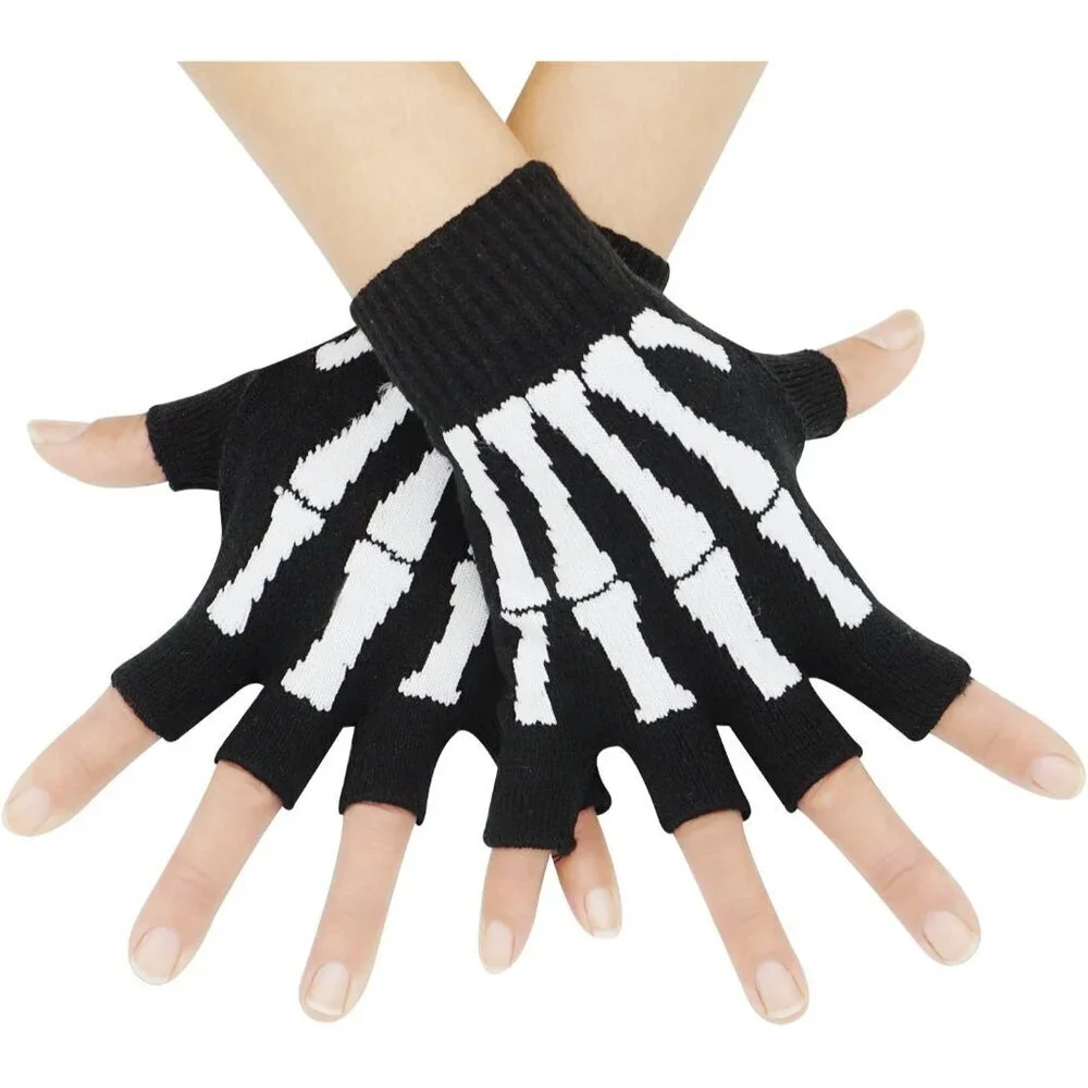 Unisex Skeleton Fingerless Gloves Knit Hand Warmers Soft Warm Fashion